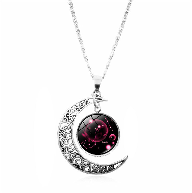 Zodiac Crescent Moon Necklace | Twelve Constellations Time Gem Pendant