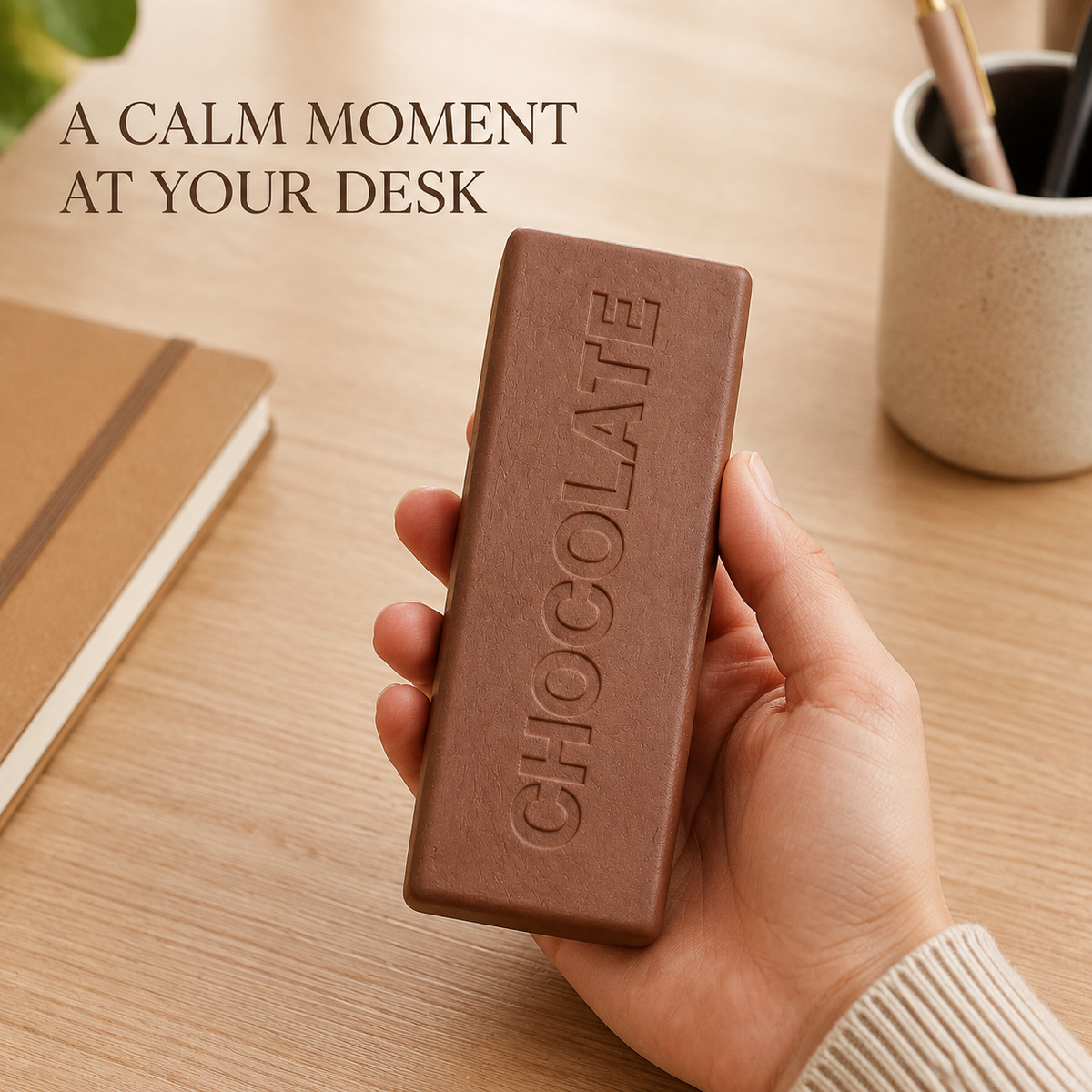 Chocolate letter bar squishy in a warm home-office scene