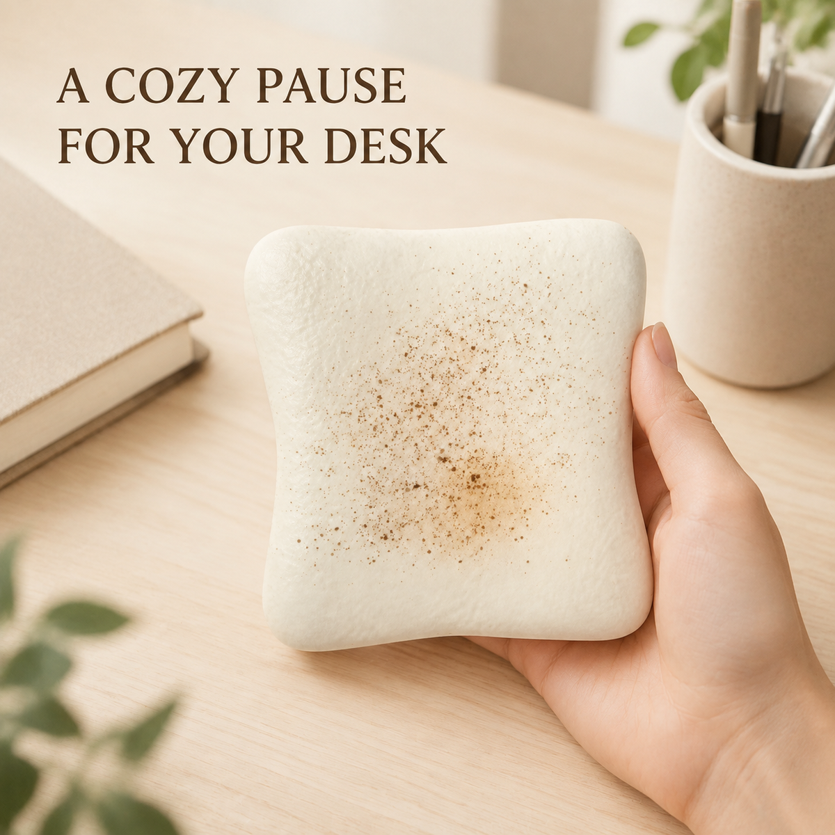 Cream-cheese toast squishy in a cozy home-office scene