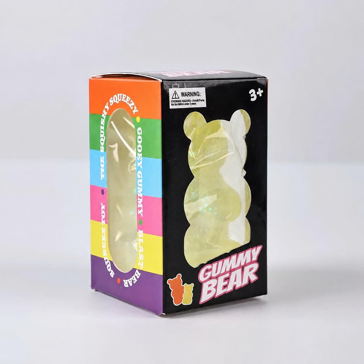 Yellow glitter gummy bear in retail box, supplier watermark removed