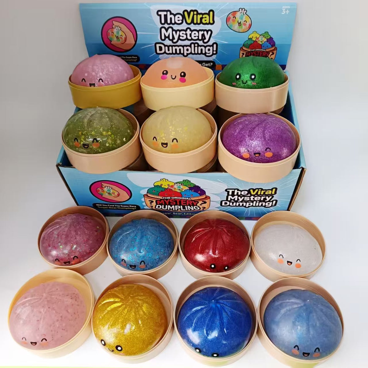 Glitter dumpling squishy with steamer baskets, assorted random colours