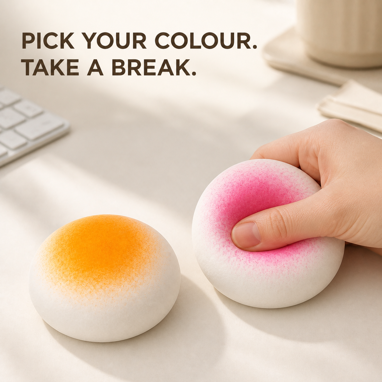 Mango and strawberry mochi fluid-filled sensory squeeze toy lifestyle squeeze scene