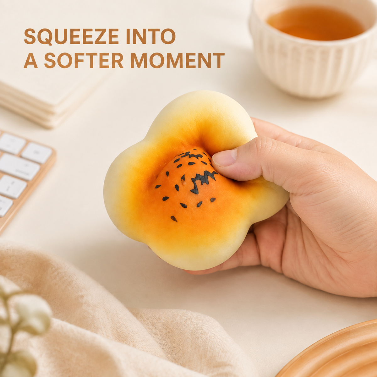 Soft egg yolk pastry fluid-filled sensory squishy lifestyle squeeze scene
