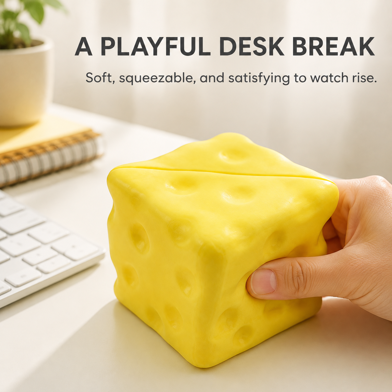 Compact square cheese slow-rise squishy as a playful desk break