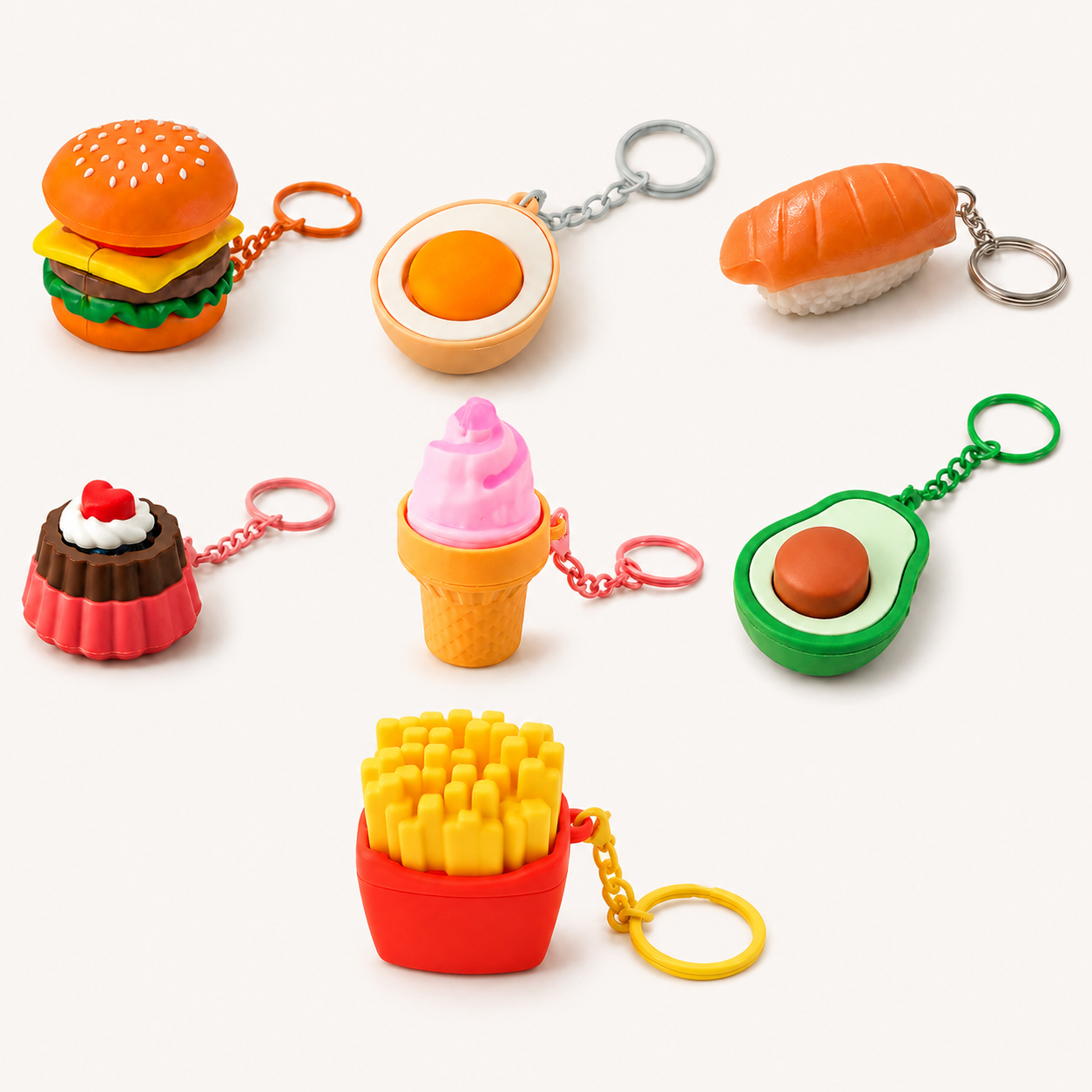 Single-button food clicker keychain collection — seven styles