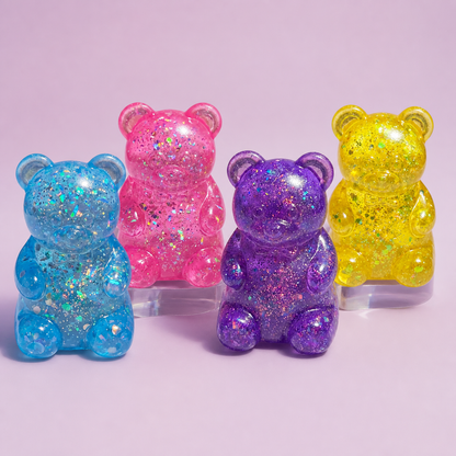 Four-Colour Glitter Gummy Bear TPR Sensory Squeeze Toy – 8 × 5 cm