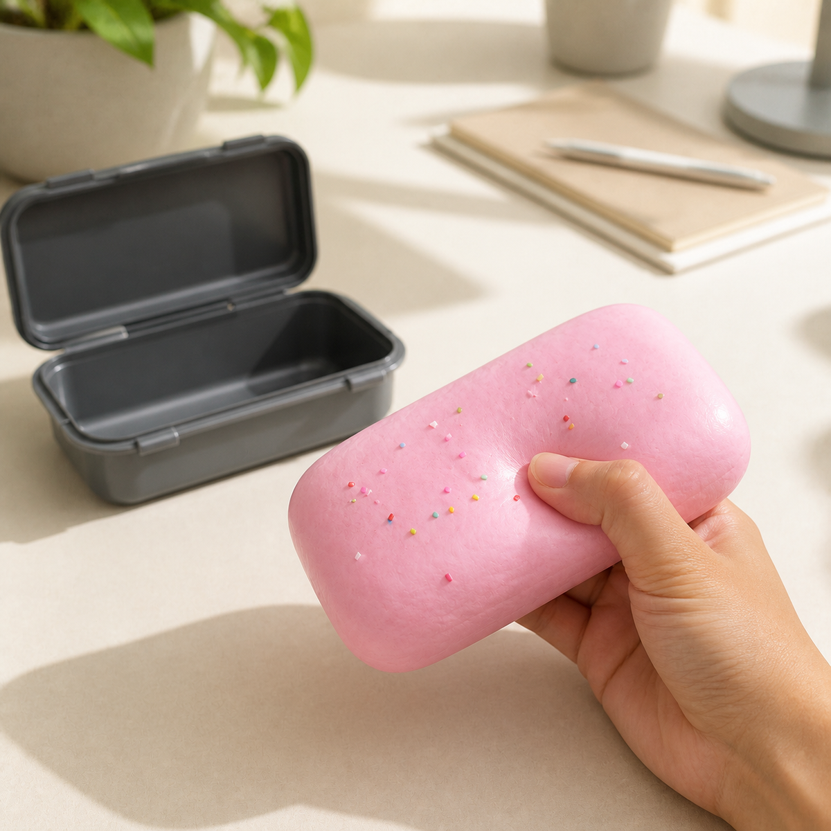 Hand squeezing a pastel cake squishy beside its storage box