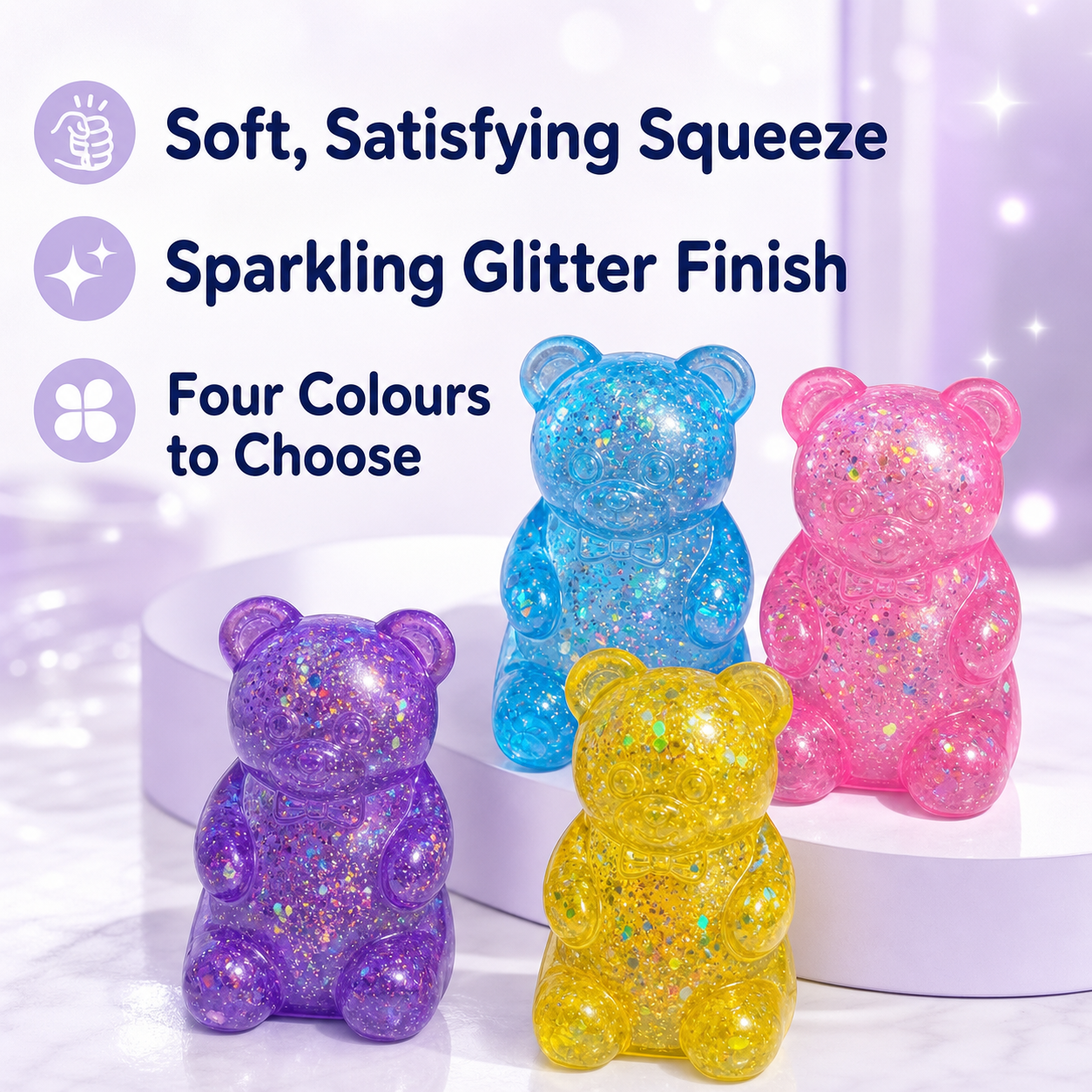 Four-Colour Glitter Gummy Bear TPR Sensory Squeeze Toy – 8 × 5 cm
