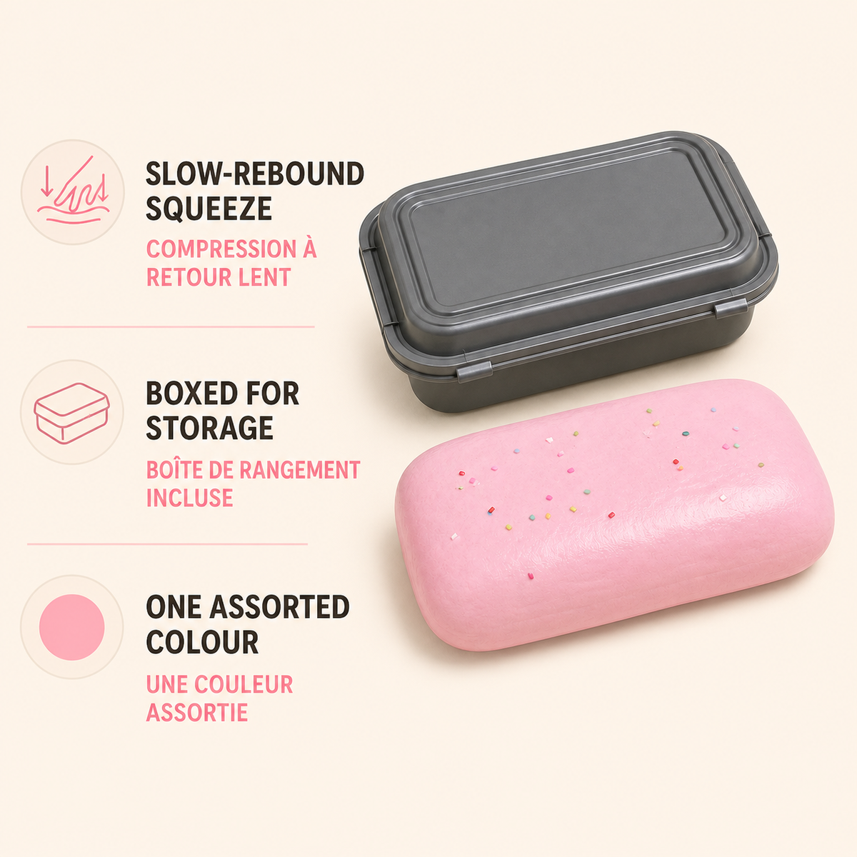 Bilingual English and French features for the boxed cake squishy