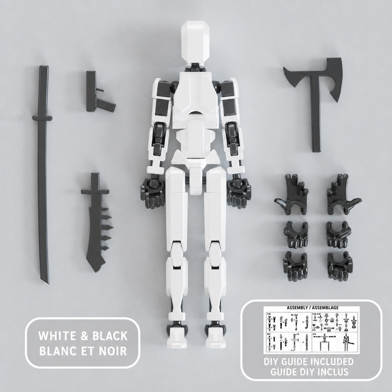 White and black multi-jointed action figure with accessories — Figurine articulée blanc et noir