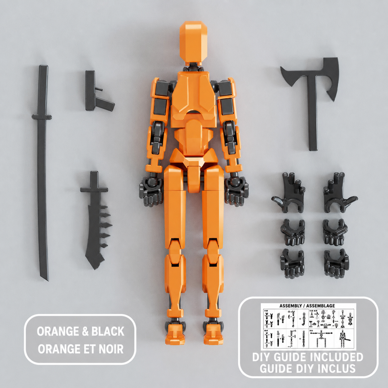 Orange and black multi-jointed action figure with accessories — Figurine articulée orange et noir