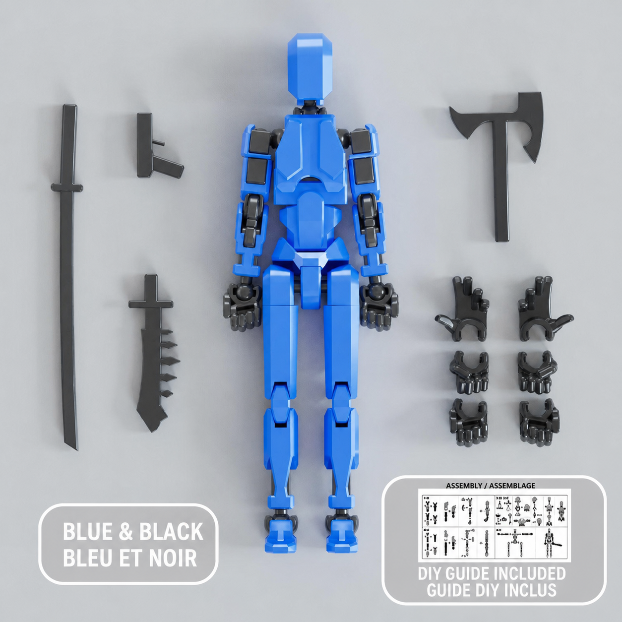 Blue and black multi-jointed action figure with accessories — Figurine articulée bleu et noir