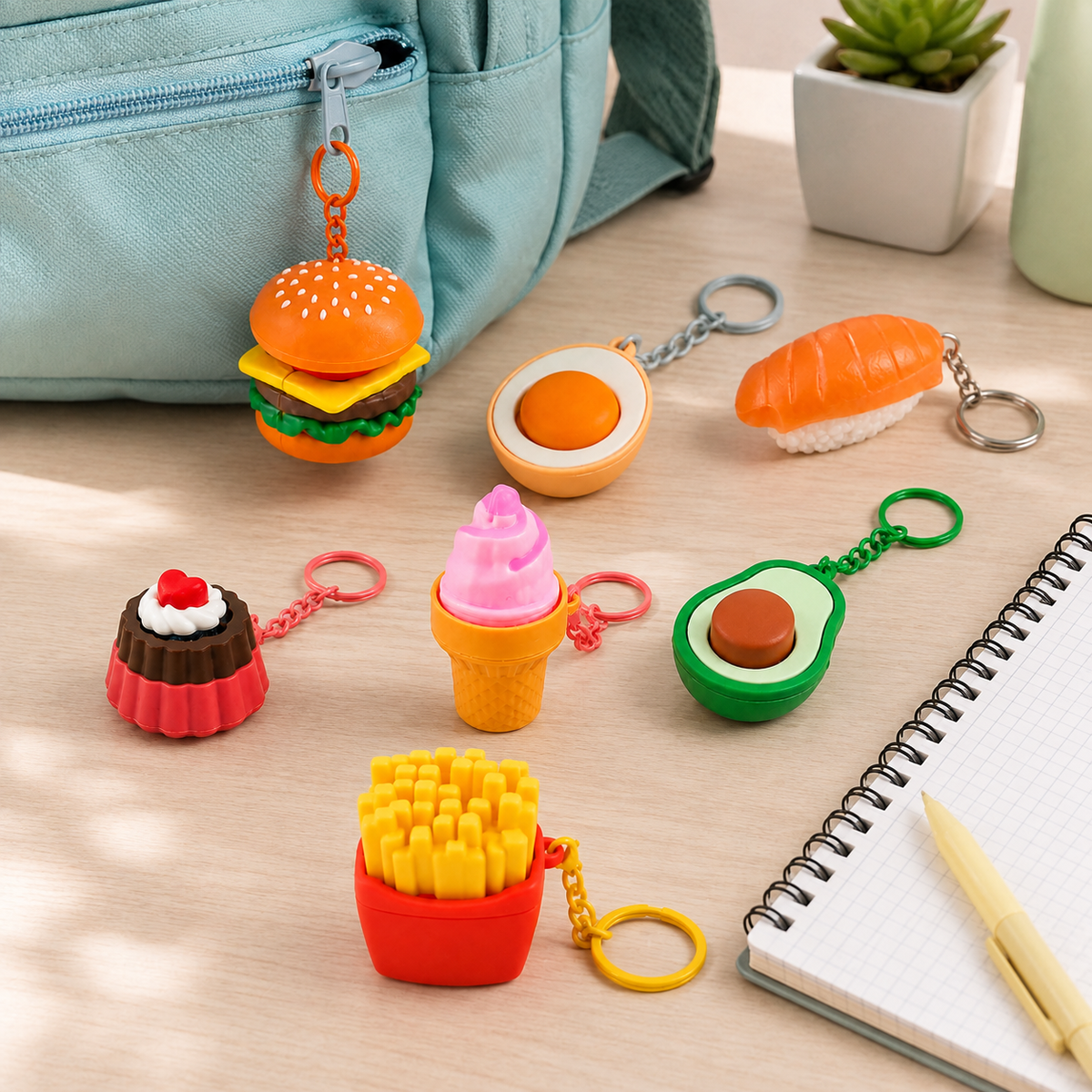 Seven single-button food clicker keychains with backpack and notebook