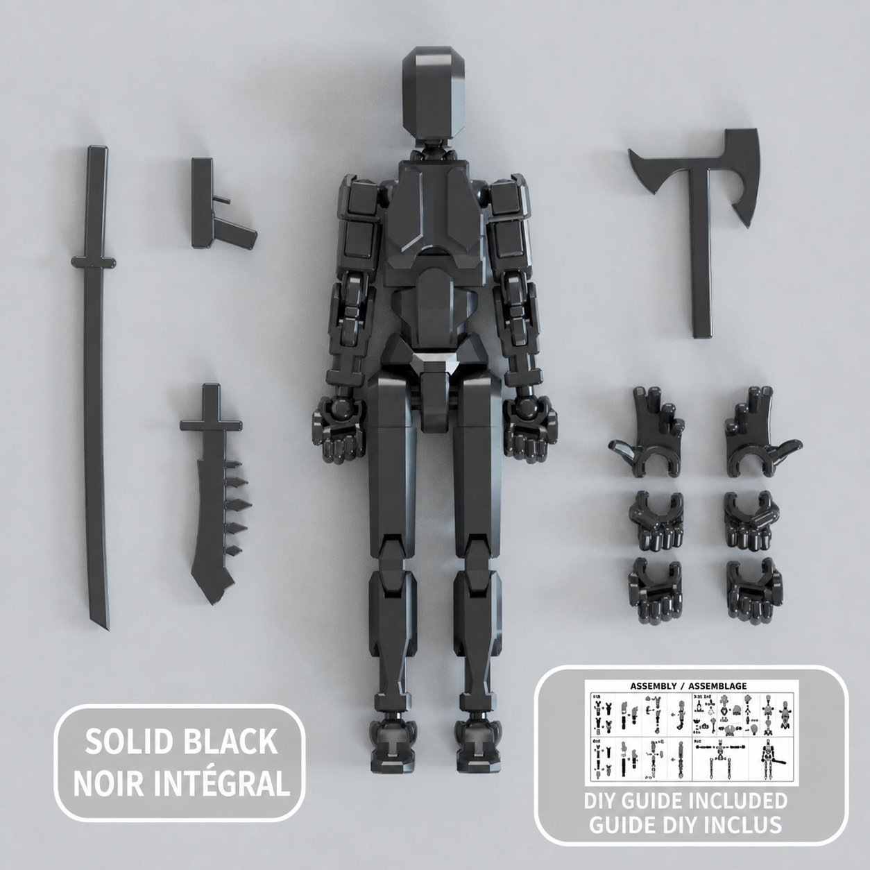 Solid black multi-jointed action figure with accessories — Figurine articulée noir intégral