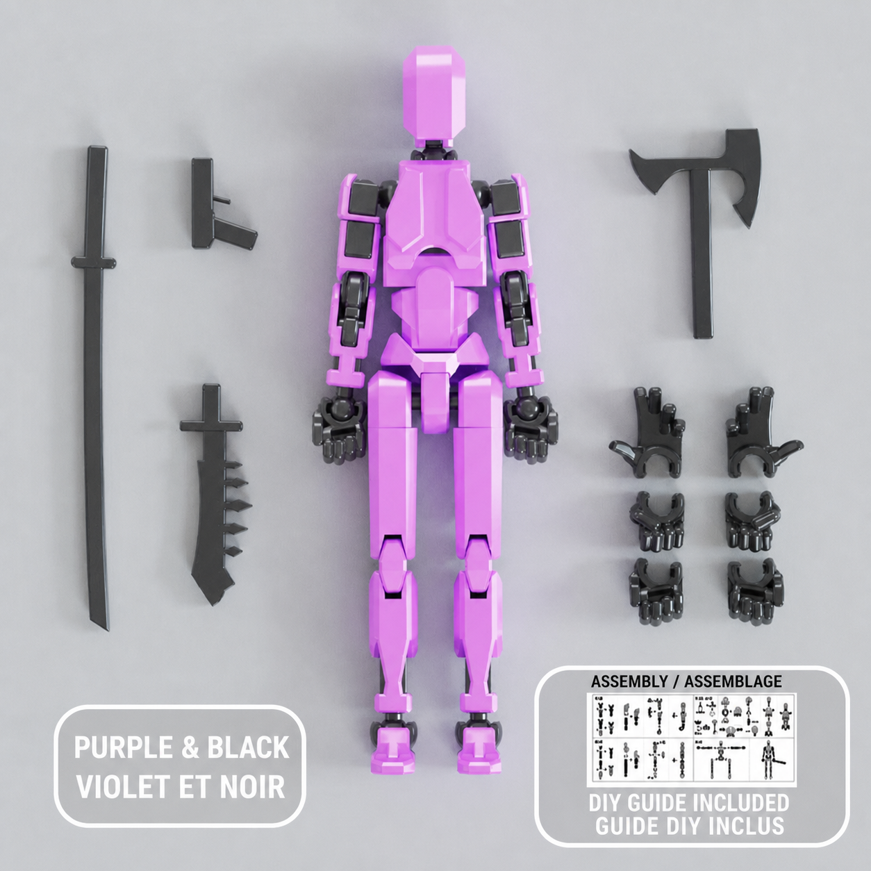 Purple and black multi-jointed action figure with accessories — Figurine articulée violet et noir
