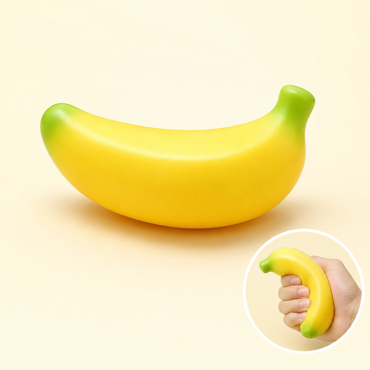 Curved banana crunchy toy with one hand squeeze inset
