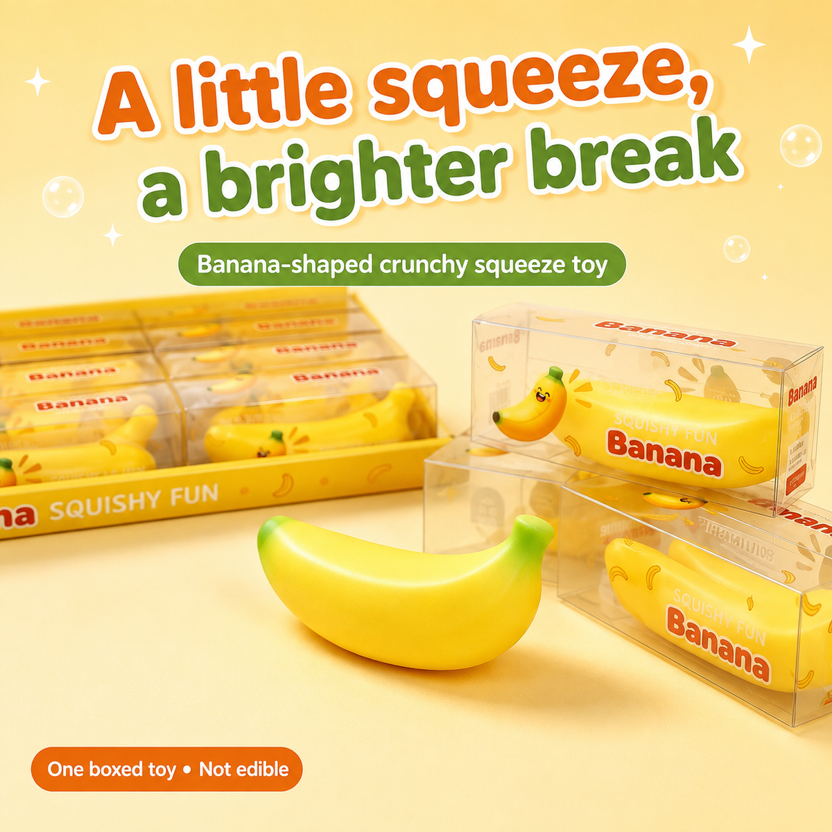 Yellow banana crunchy toy with its retail packaging