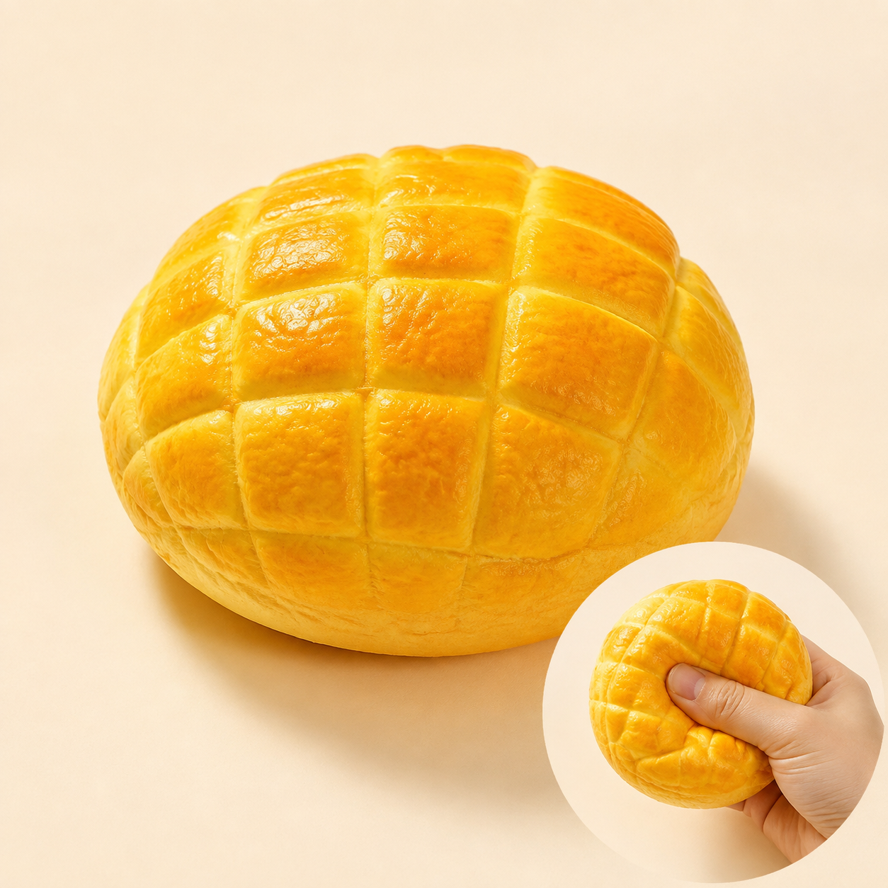 Pineapple bun crunchy squishy toy with squeeze demonstration