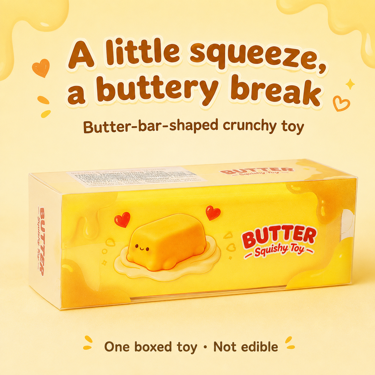 Yellow Butter Bar Crunchy Squishy — boxed toy detail