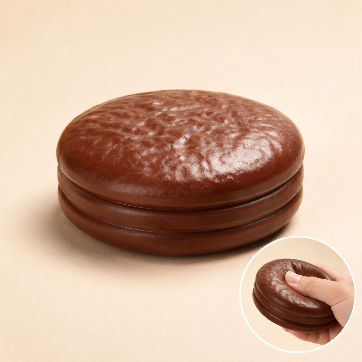 Chocolate pie crunchy squishy toy with squeeze demonstration