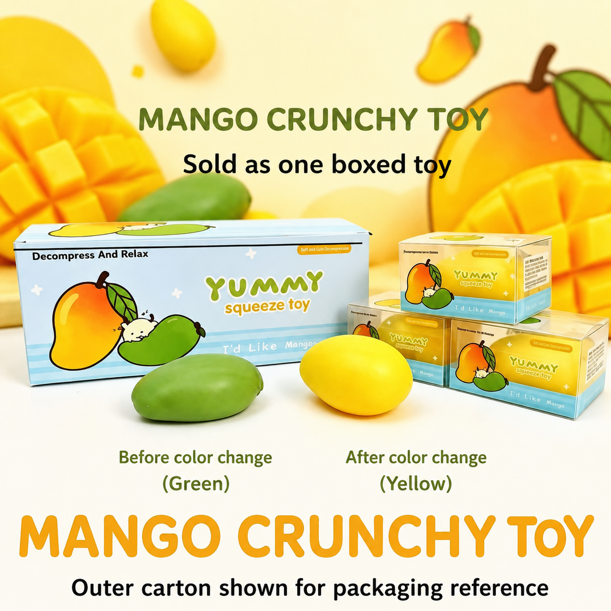 Mini Mango Colour-Changing Squishy — individual box and packaging reference