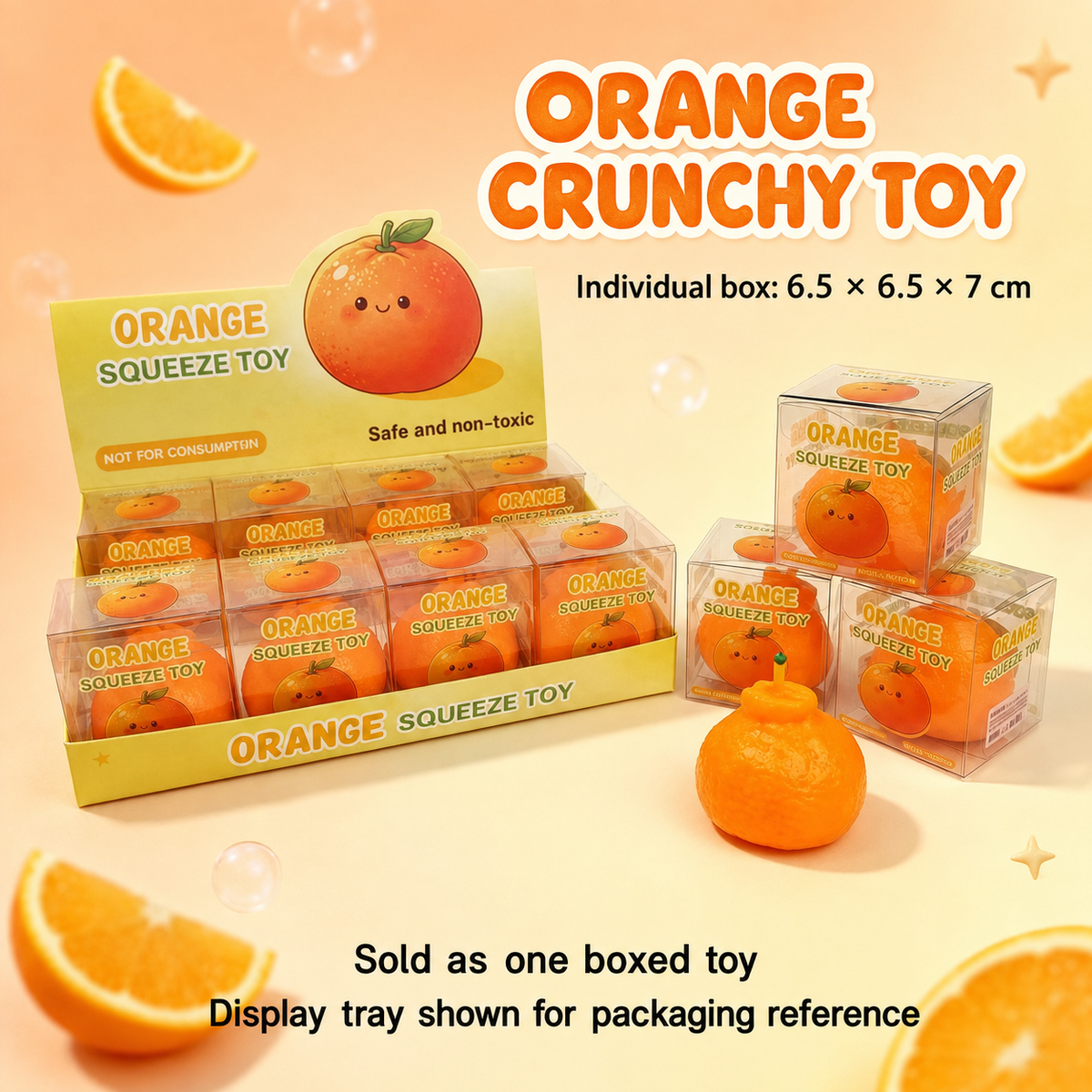 Knobbed Orange Crunchy Squishy — individual box and packaging reference