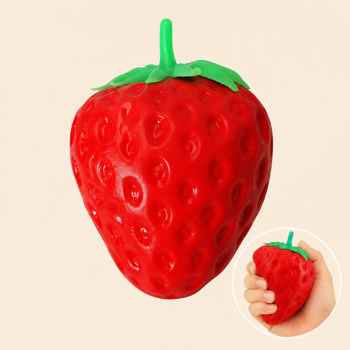 Pointed-Leaf Strawberry Crunchy Squishy — single toy with squeeze inset