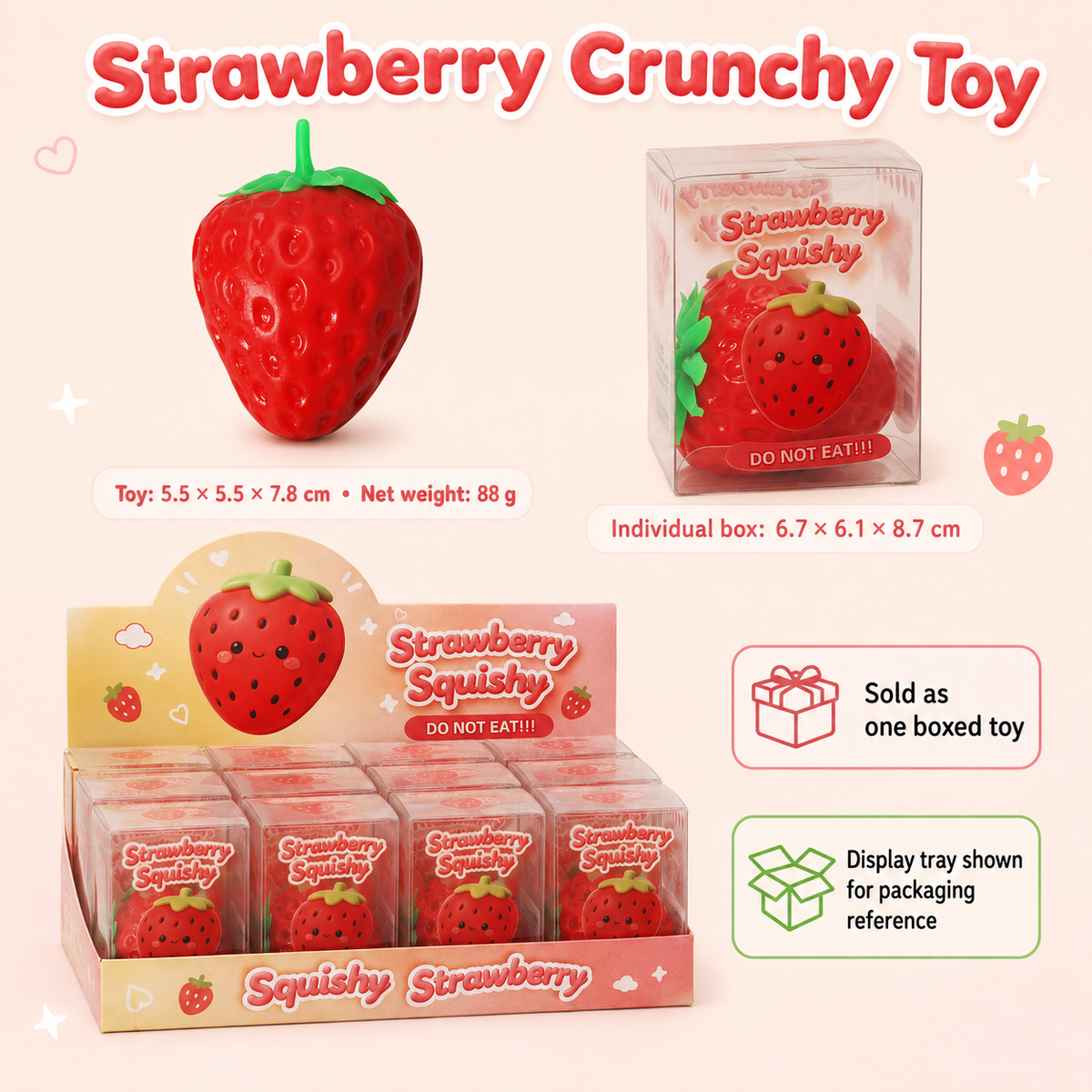 Pointed-Leaf Strawberry Crunchy Squishy — dimensions and packaging