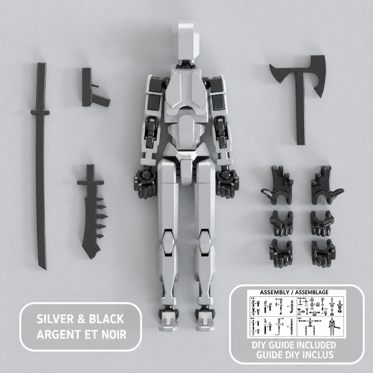 Silver and black multi-jointed action figure with accessories — Figurine articulée argent et noir