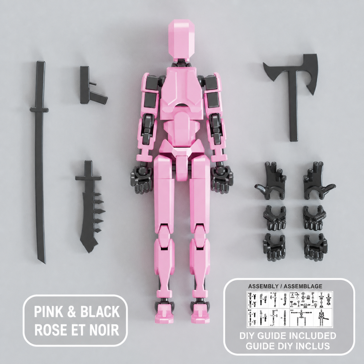 Pink and black multi-jointed action figure with accessories — Figurine articulée rose et noir