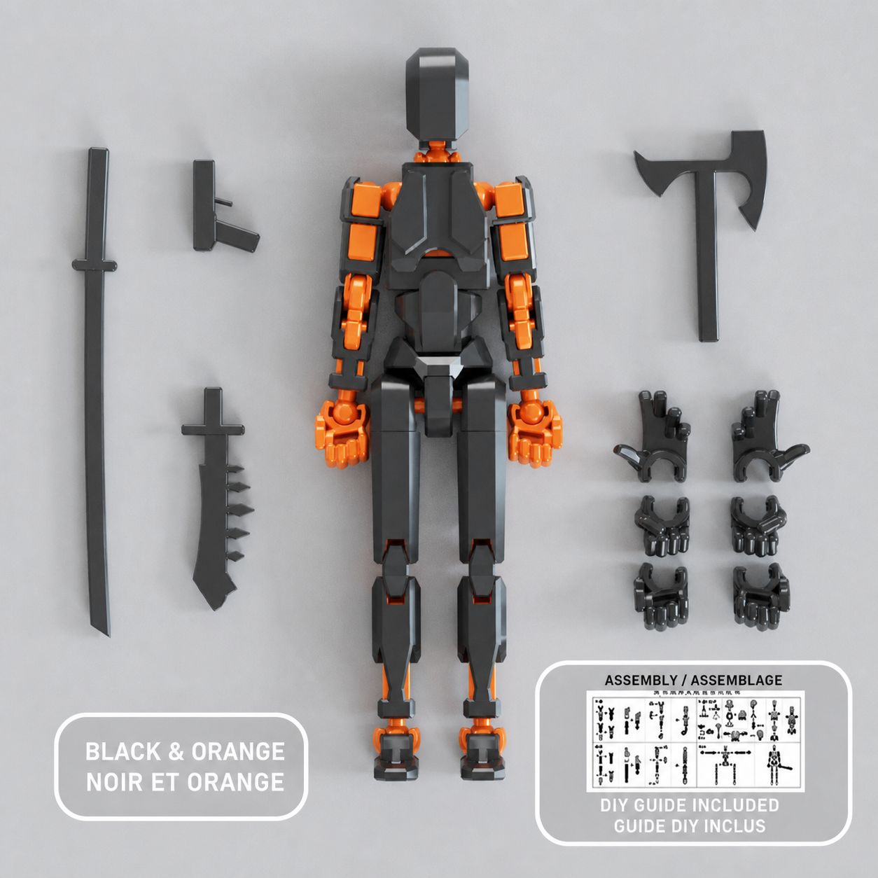 Black and orange multi-jointed action figure with accessories — Figurine articulée noir et orange