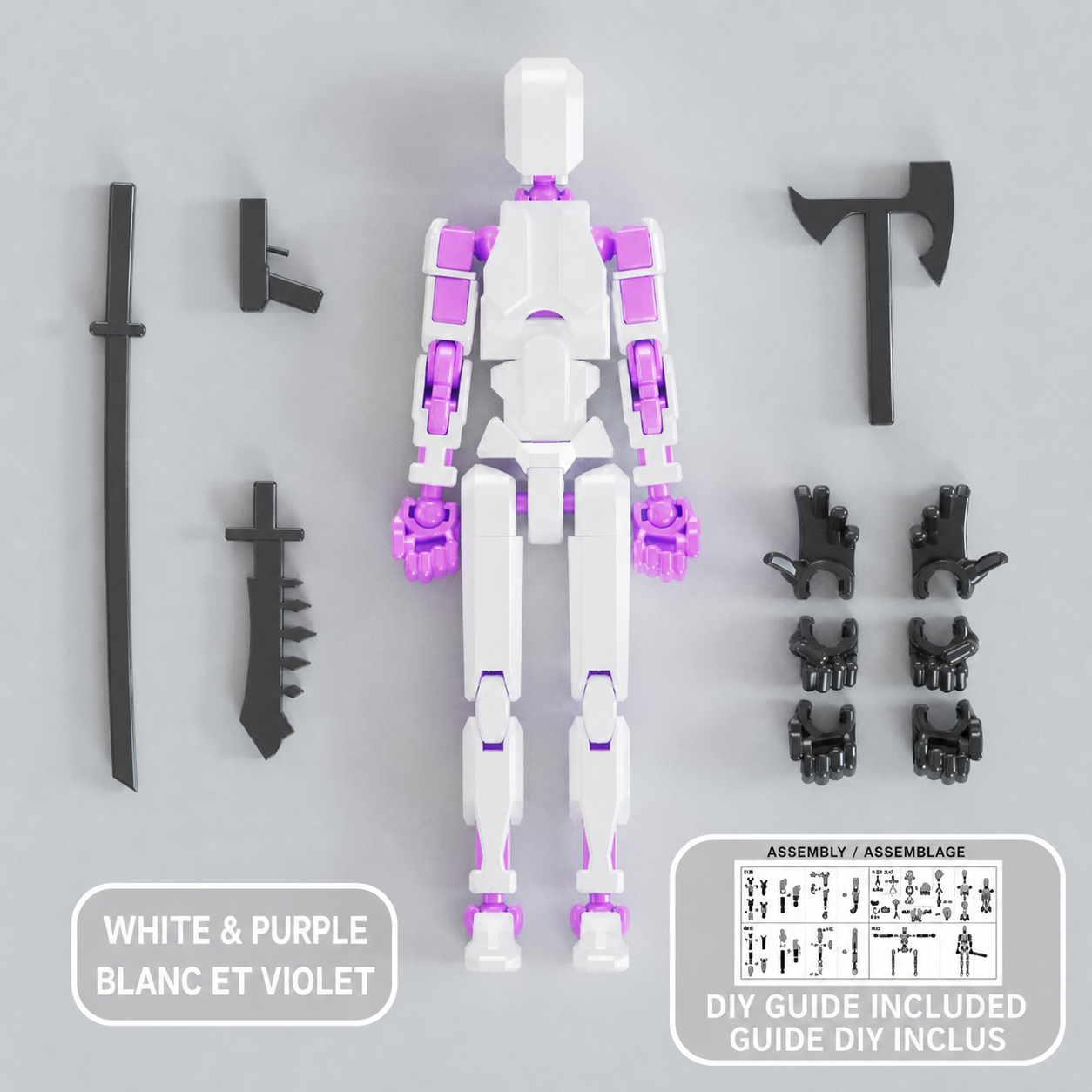 White and purple multi-jointed action figure with accessories — Figurine articulée blanc et violet