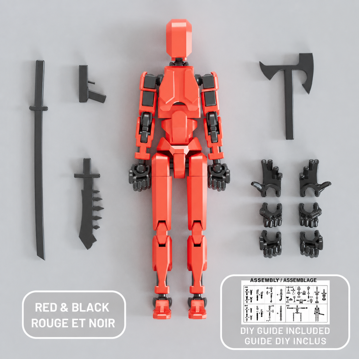 Red and black multi-jointed action figure with accessories — Figurine articulée rouge et noir