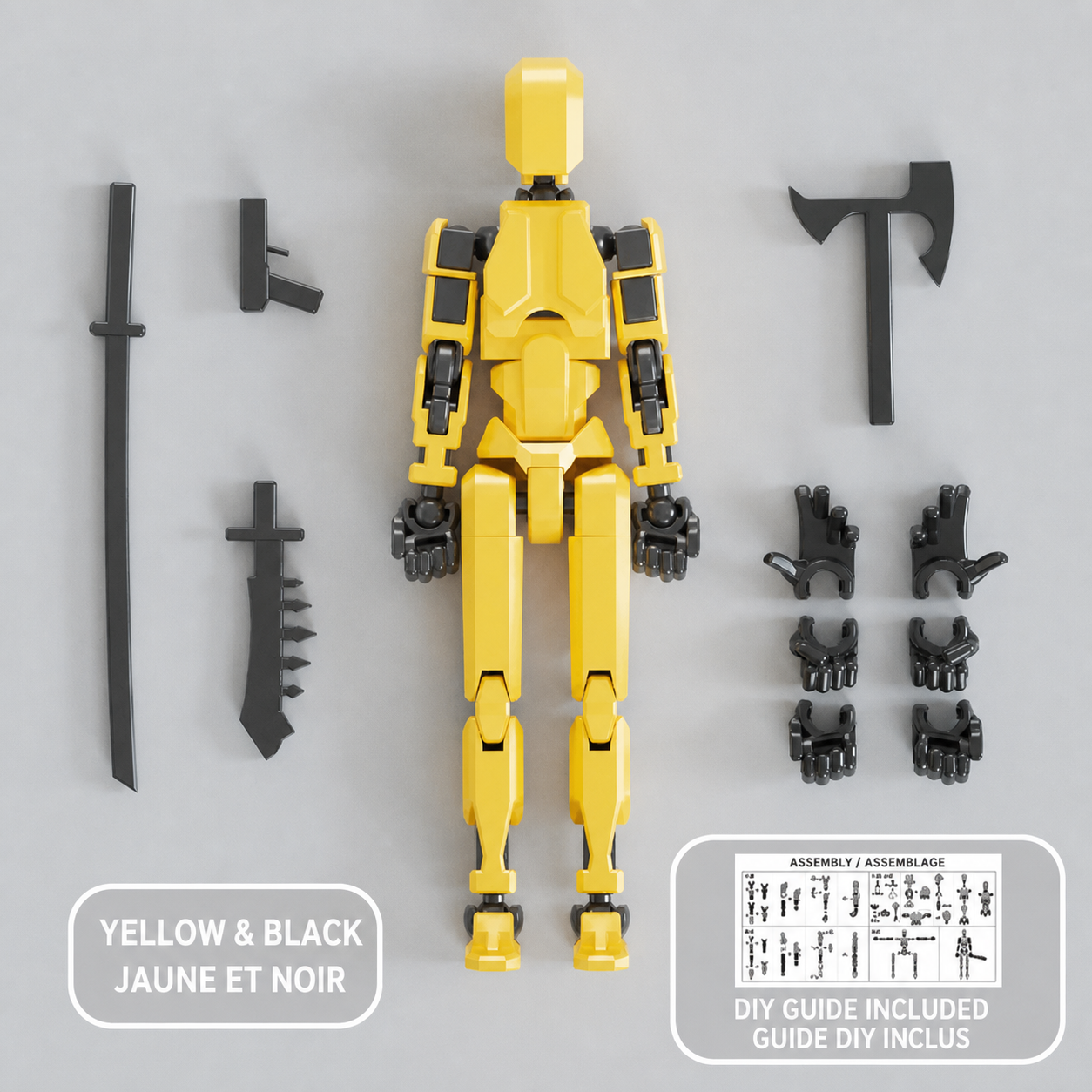 Yellow and black multi-jointed action figure with accessories — Figurine articulée jaune et noir