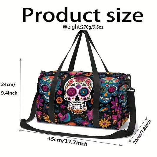 Print Travel Duffel Bag With Vibrant Skull & Floral Mandala