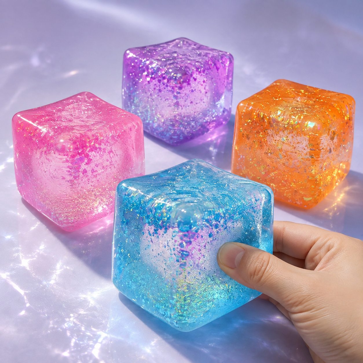 Four aurora gel cube color options with a hand squeezing the blue cube