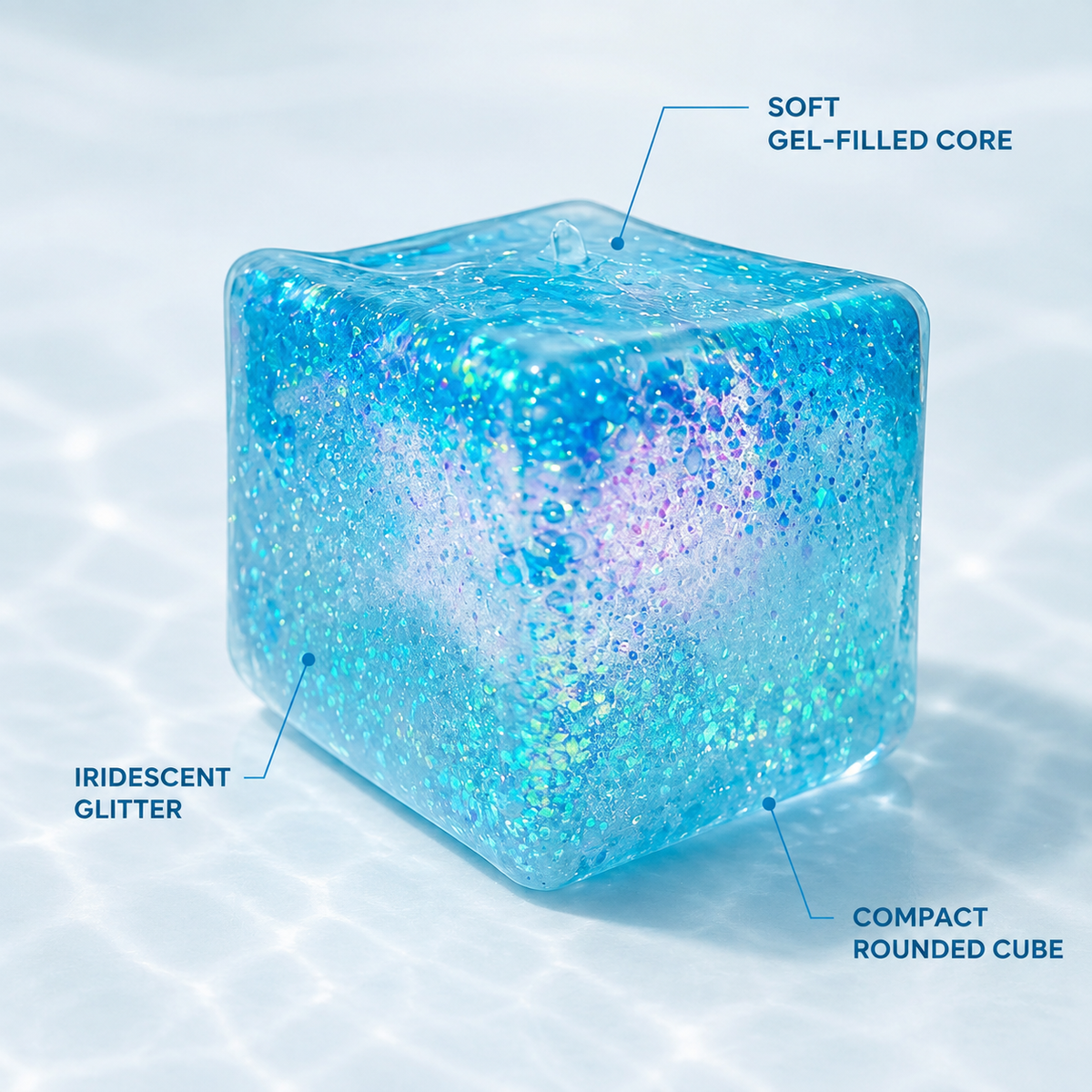 Compact blue aurora gel cube visible product features