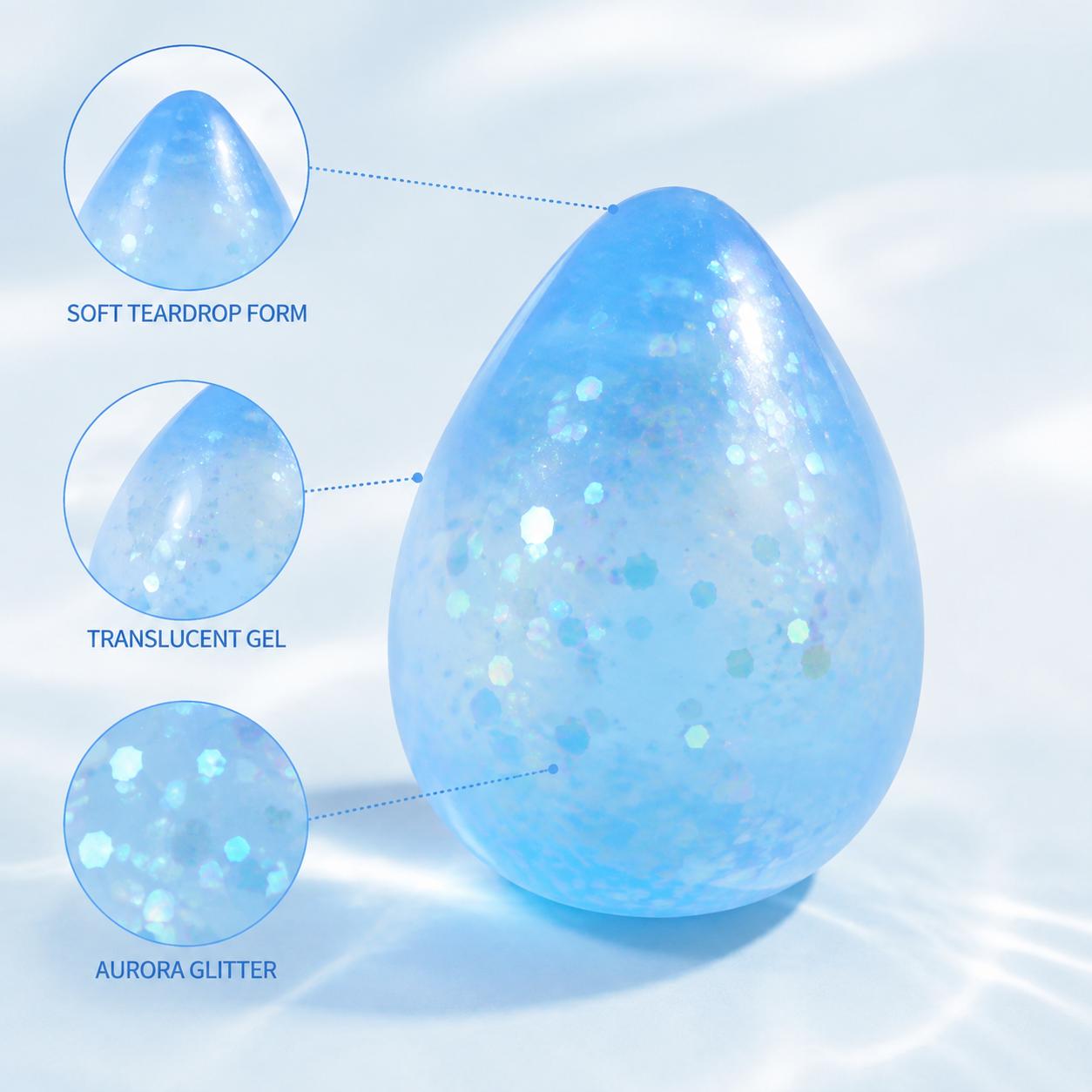 Blue aurora teardrop form translucent gel and glitter details