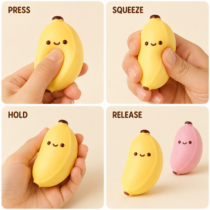 Yellow banana toy press squeeze hold and release guide with pink option