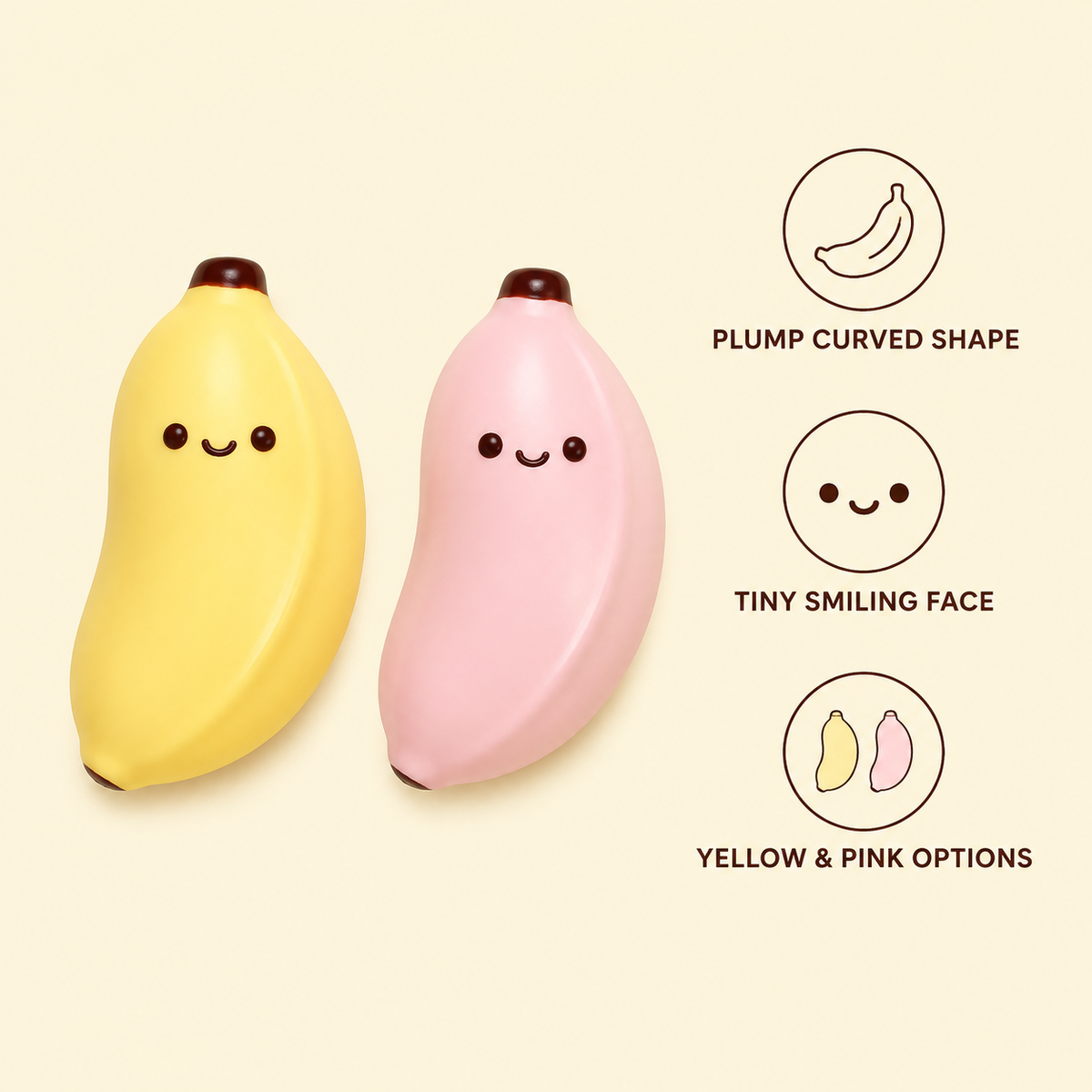 Yellow and pink banana toys with curved shape and smiling face