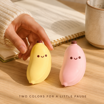 Yellow and pink banana sensory toys in a cozy desk scene
