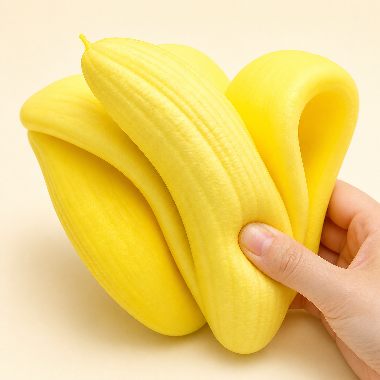 Banana fruit slow-rise squishy with a hand gently squeezing from the lower right