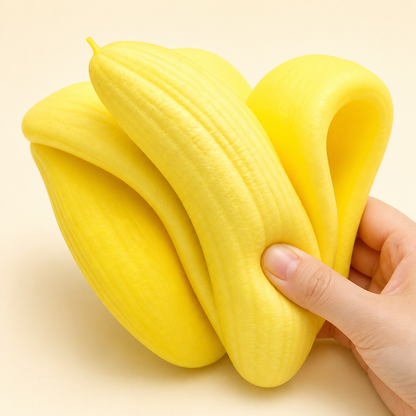 Banana fruit slow-rise squishy with a hand gently squeezing from the lower right