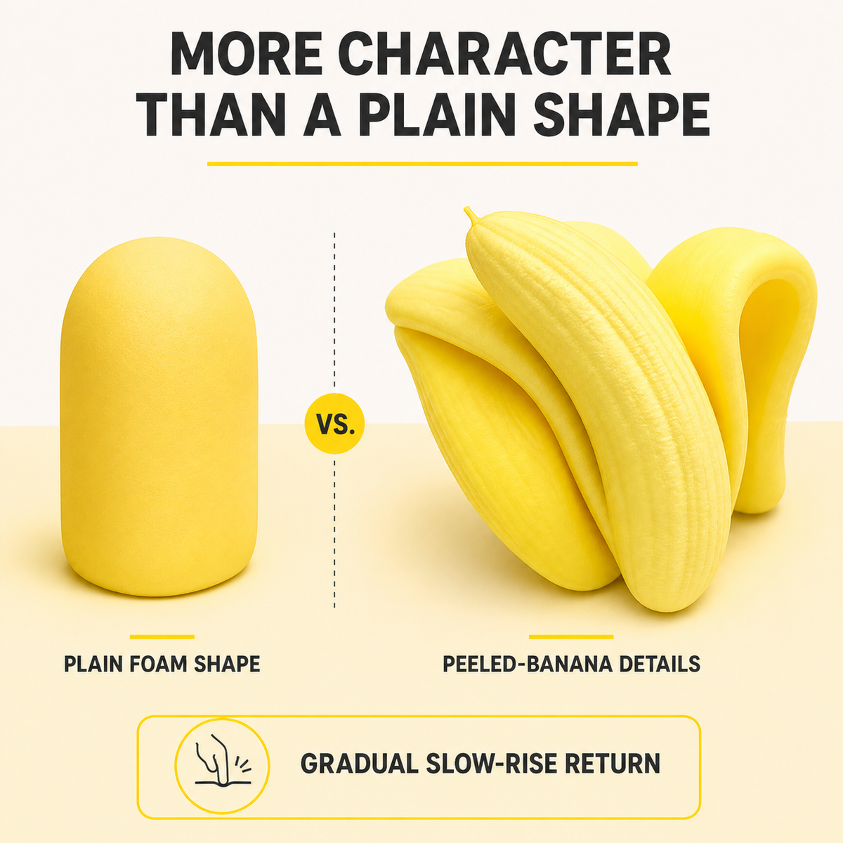 Peeled banana character squishy compared with a plain foam shape