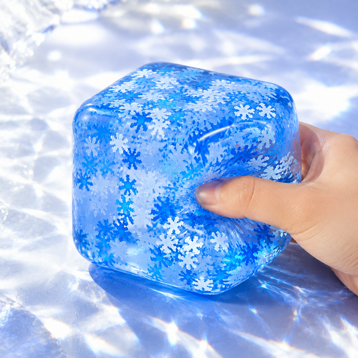 Blue snowflake rounded cube sensory squeeze toy with a hand pressing the same toy