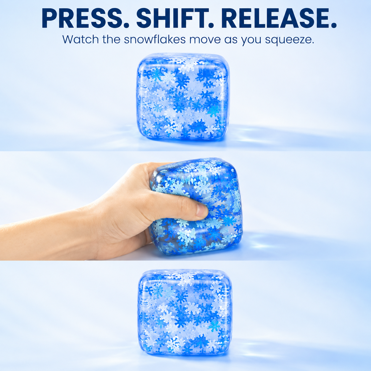 Press, shift and release sequence for the blue snowflake cube sensory toy