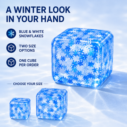 Blue and white snowflake details and two selectable size options for the cube sensory toy