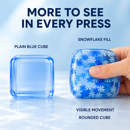 Snowflake-filled blue cube sensory toy compared with a plain blue cube