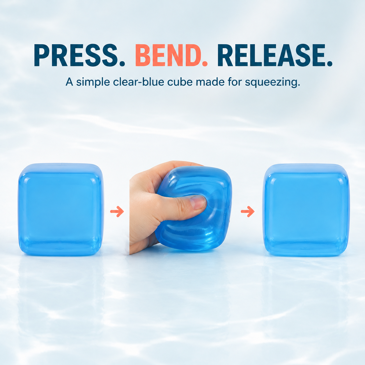 Blue transparent squeeze cube press and release sequence