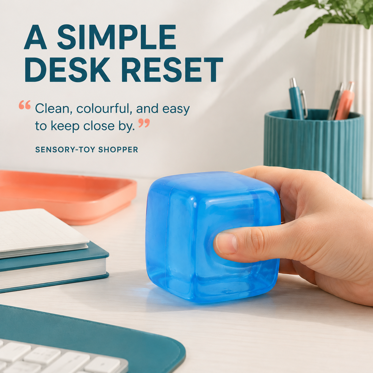 Blue transparent squeeze cube lifestyle scene